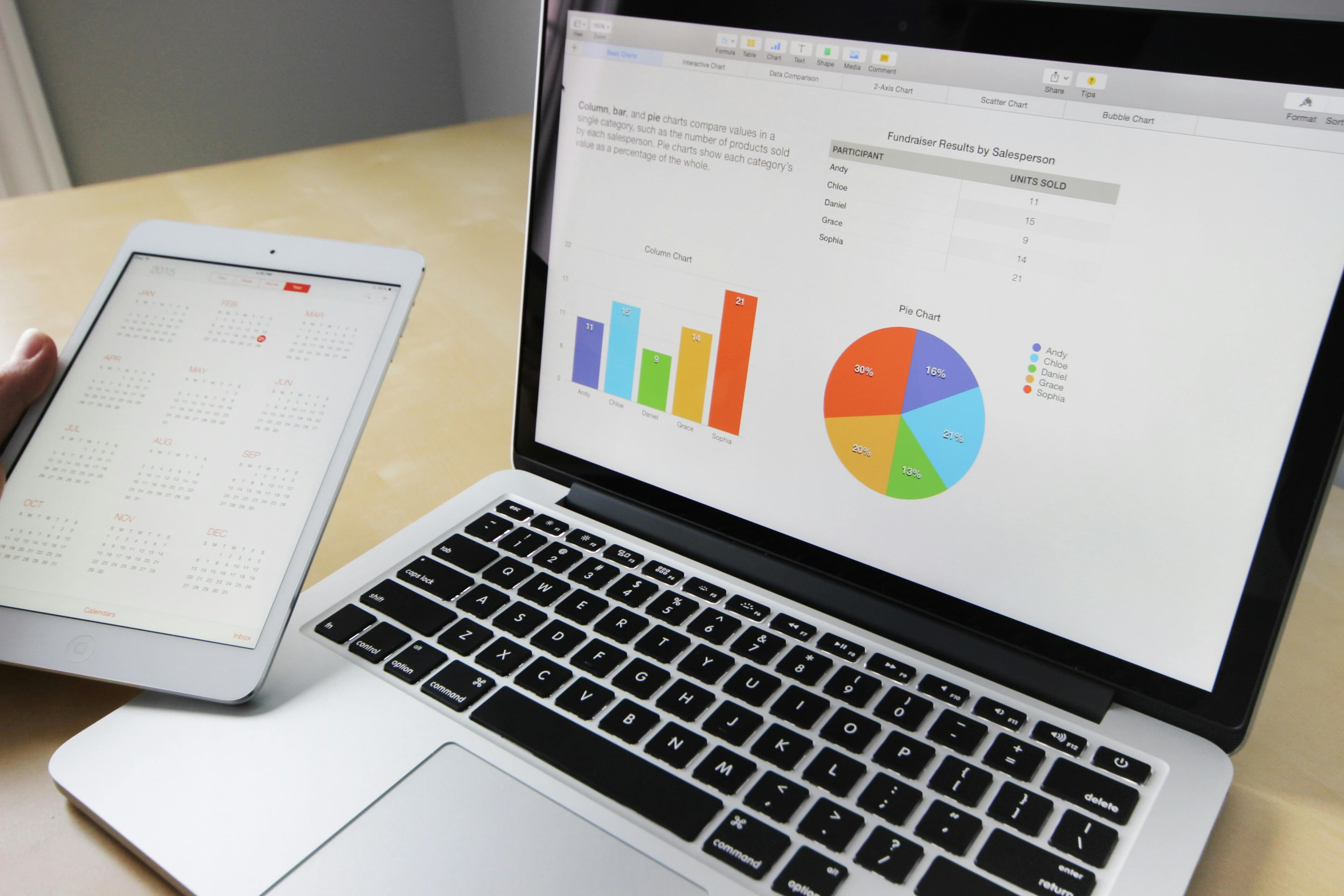 A laptop displaying charts and graphs next to a tablet showing a calendar. Digital marketing agency promotional video.