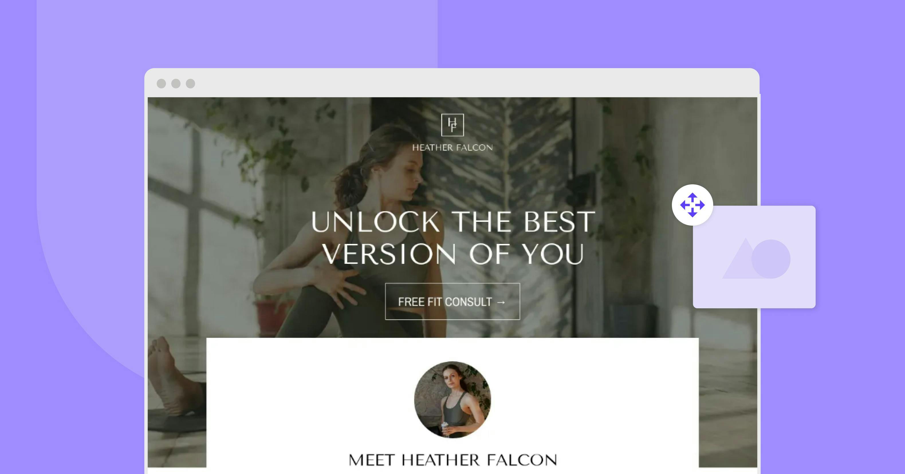 Landing page background showing a woman doing yoga with the text 'Unlock the best version of you' and a button labeled 'Free Fit Consult'. Below is a circular photo of Heather Falcon with the text 'Meet Heather Falcon'.