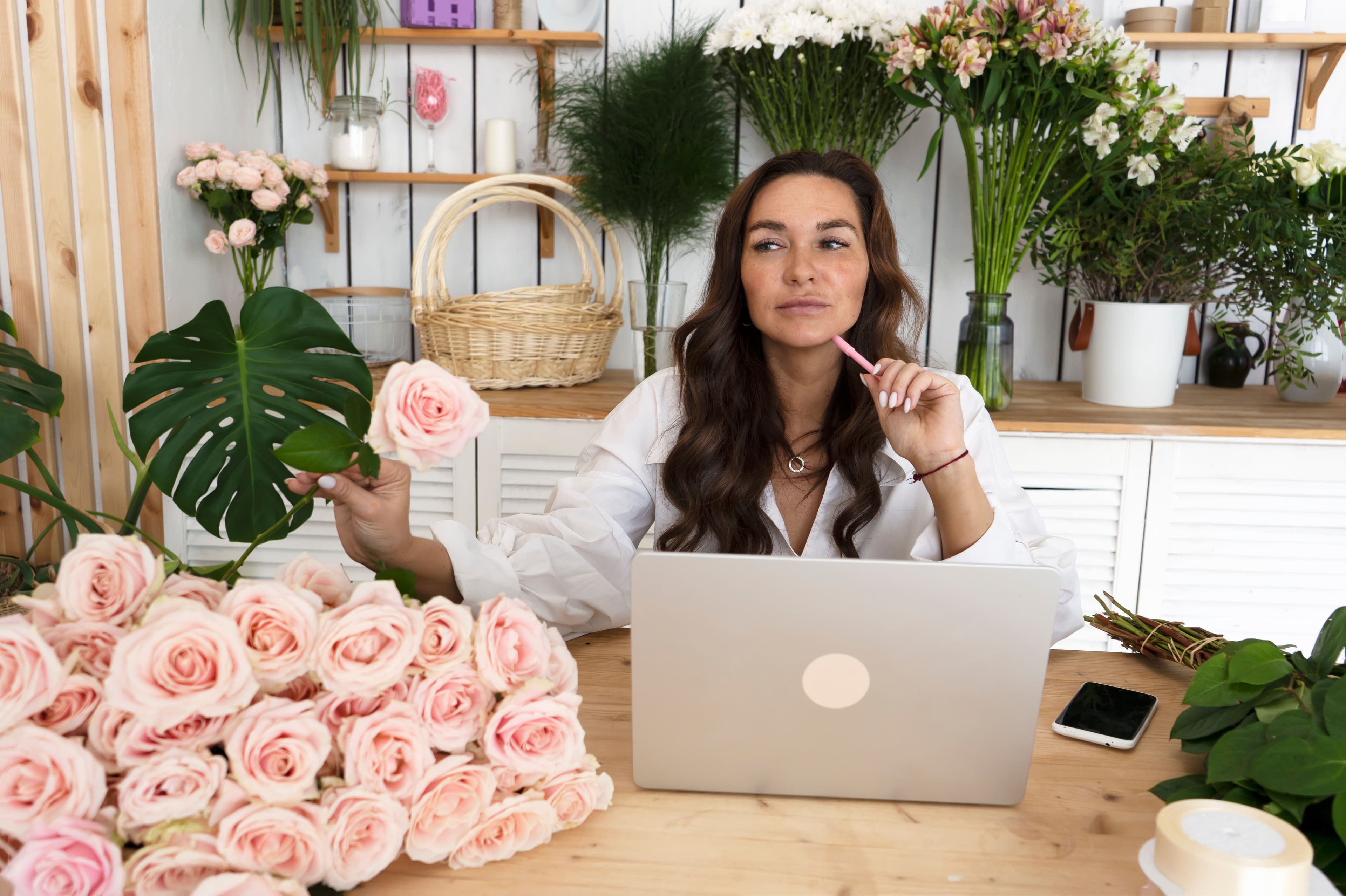 A florist holding a pink rose and sitting at a desk surrounded by flowers, deep in thought while using her laptop to track calculator conversion rates for her online flower shop.