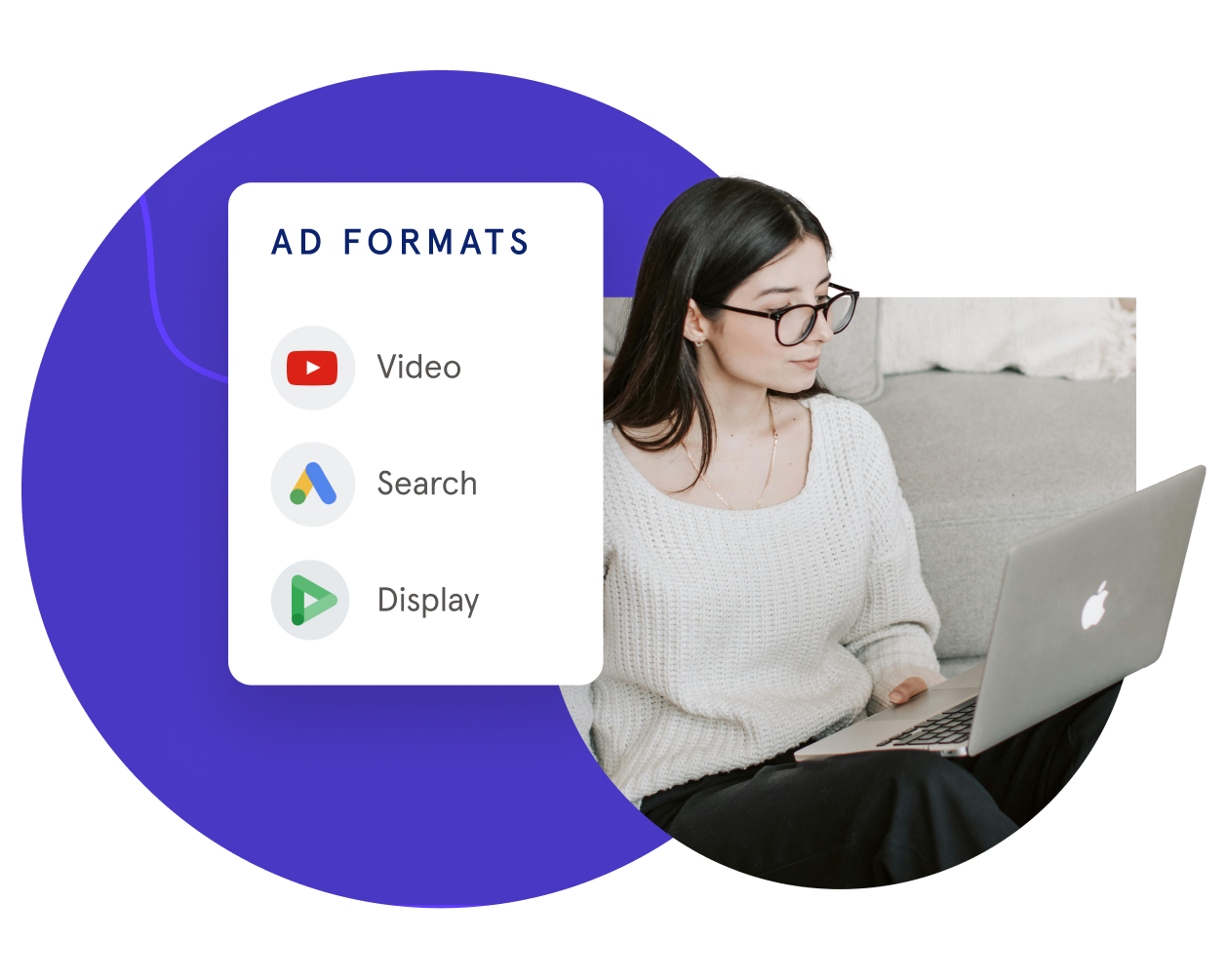 brunette woman with glasses on laptop with a list of google ad formats