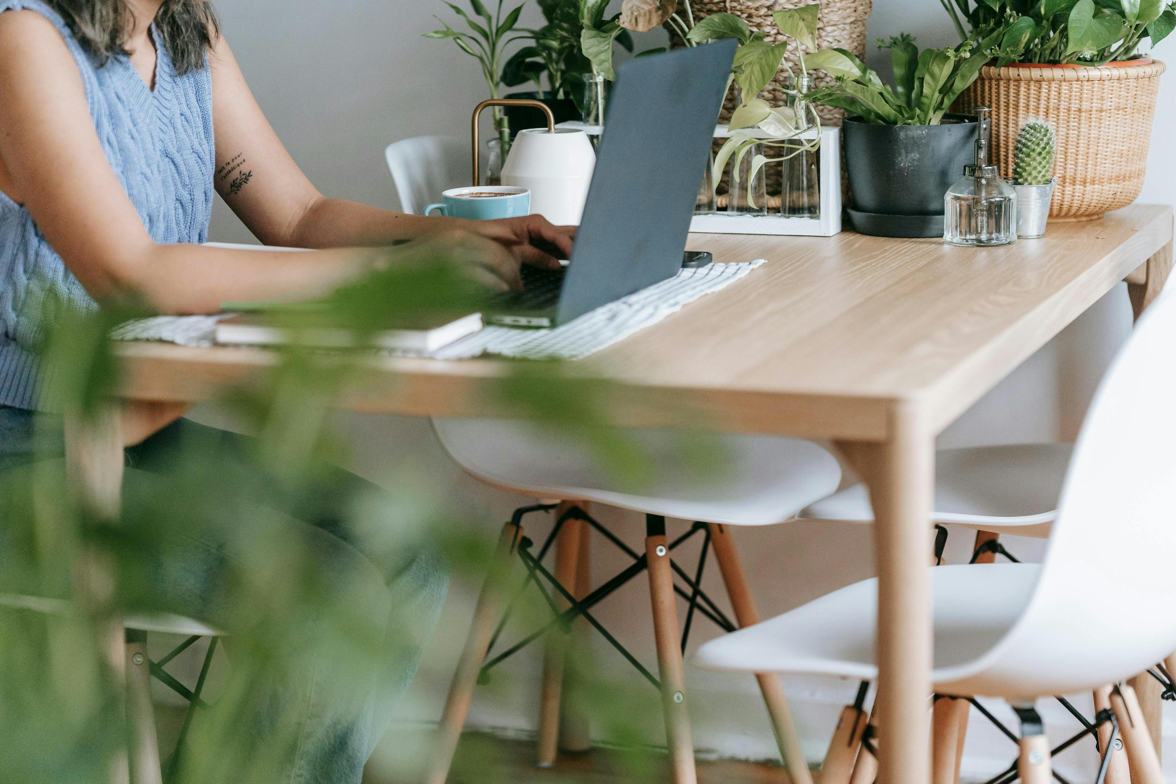 A person working on a laptop at a home office desk surrounded by plants. This scene is perfect for lead magnet ideas targeting remote work and home office setups.