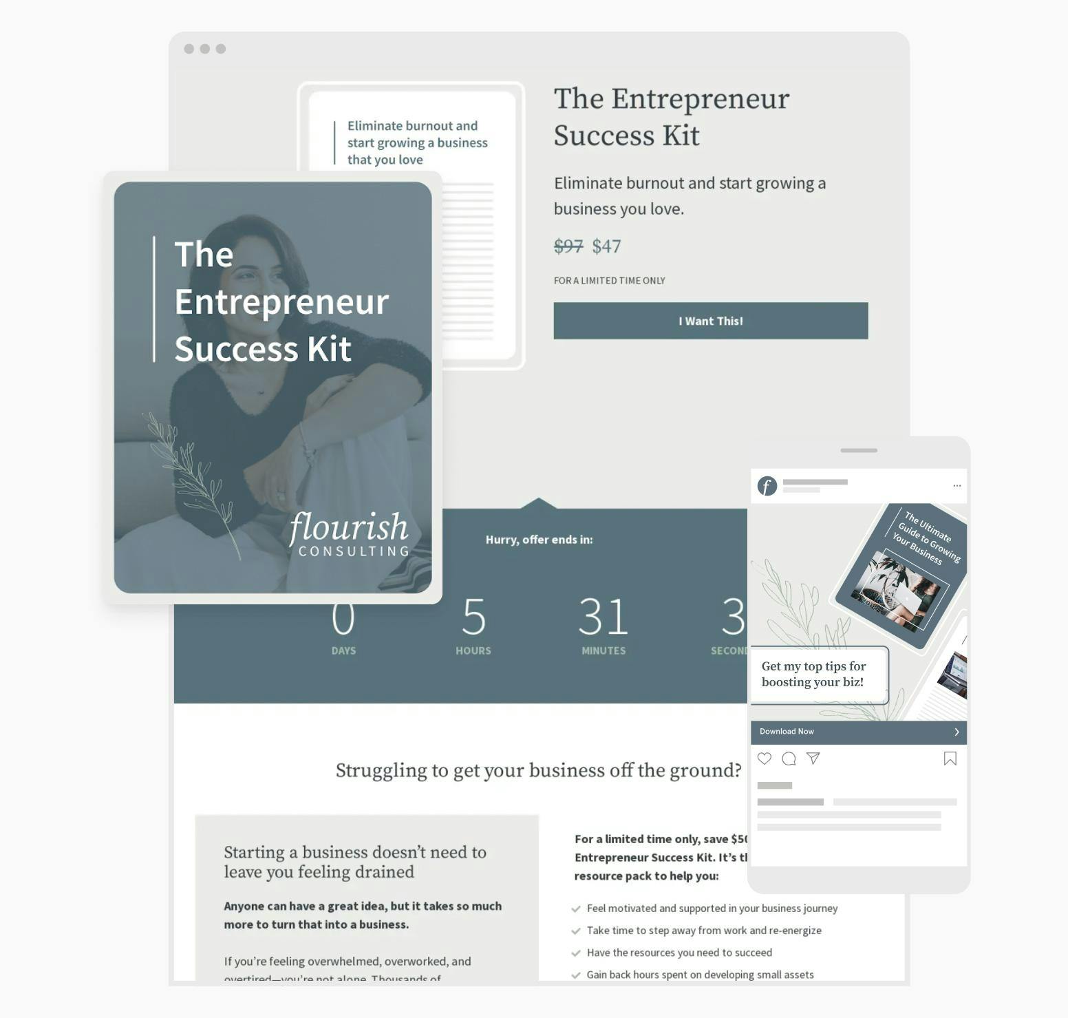 Promotional screenshot of a copywriting success toolkit online