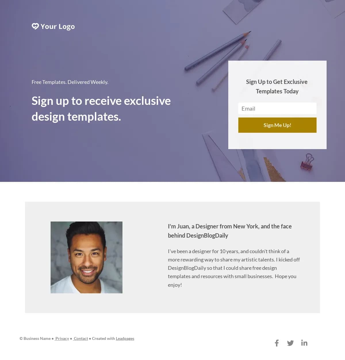 Newsletter Signup with Bio landing page template by Leadpages