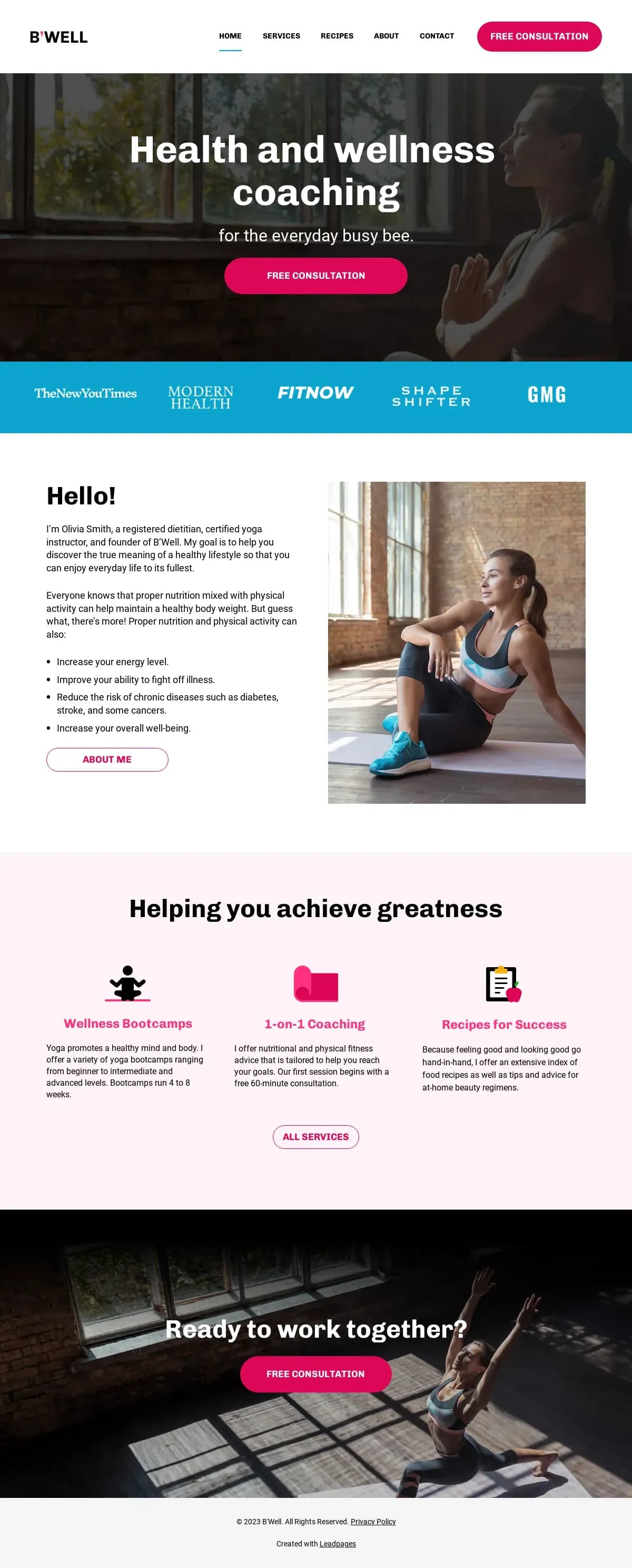 B'Well Health and Wellness website template by Leadpages