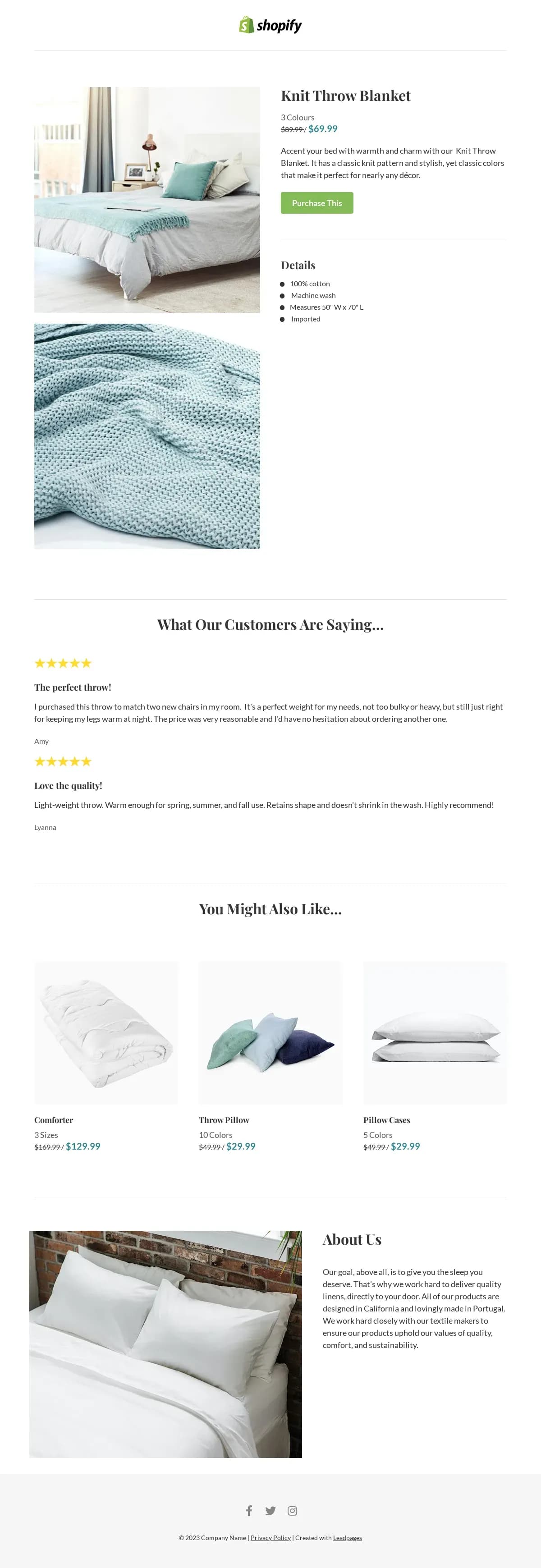 Shopify One-Item Landing Page landing page template by Leadpages