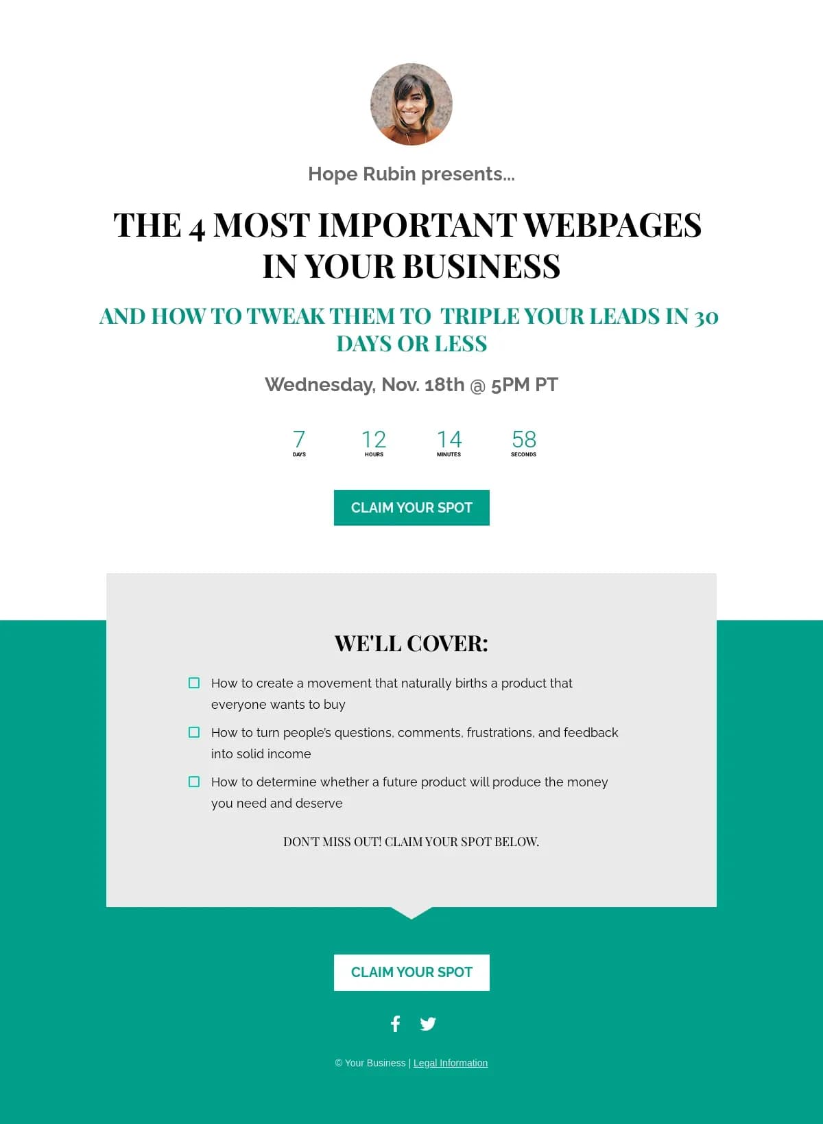 Basic Webinar landing page template by Leadpages