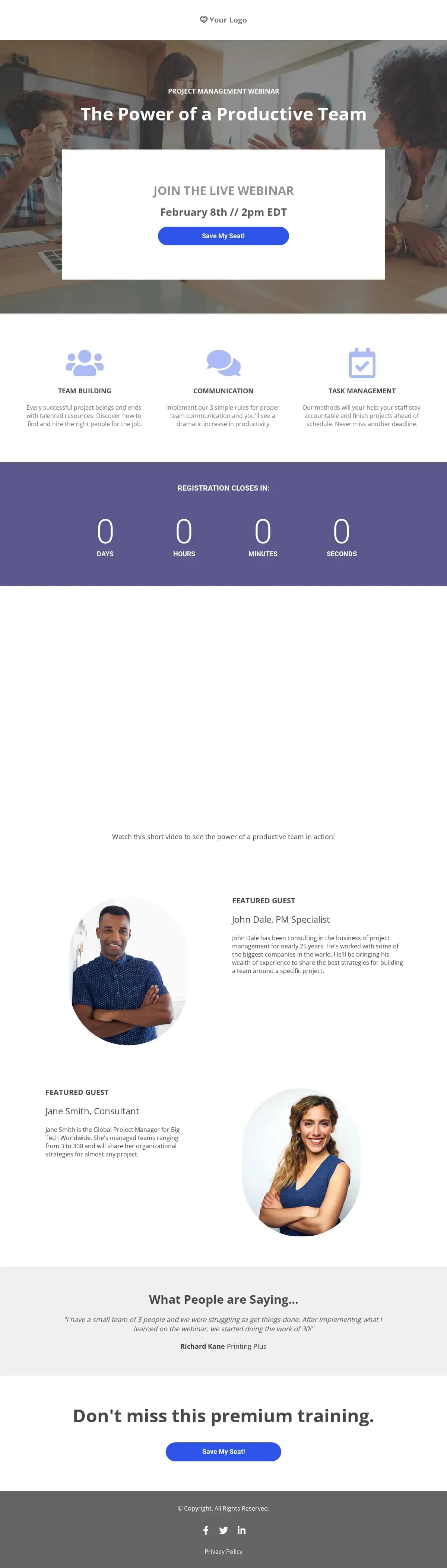 Management Webinar landing page template by Leadpages