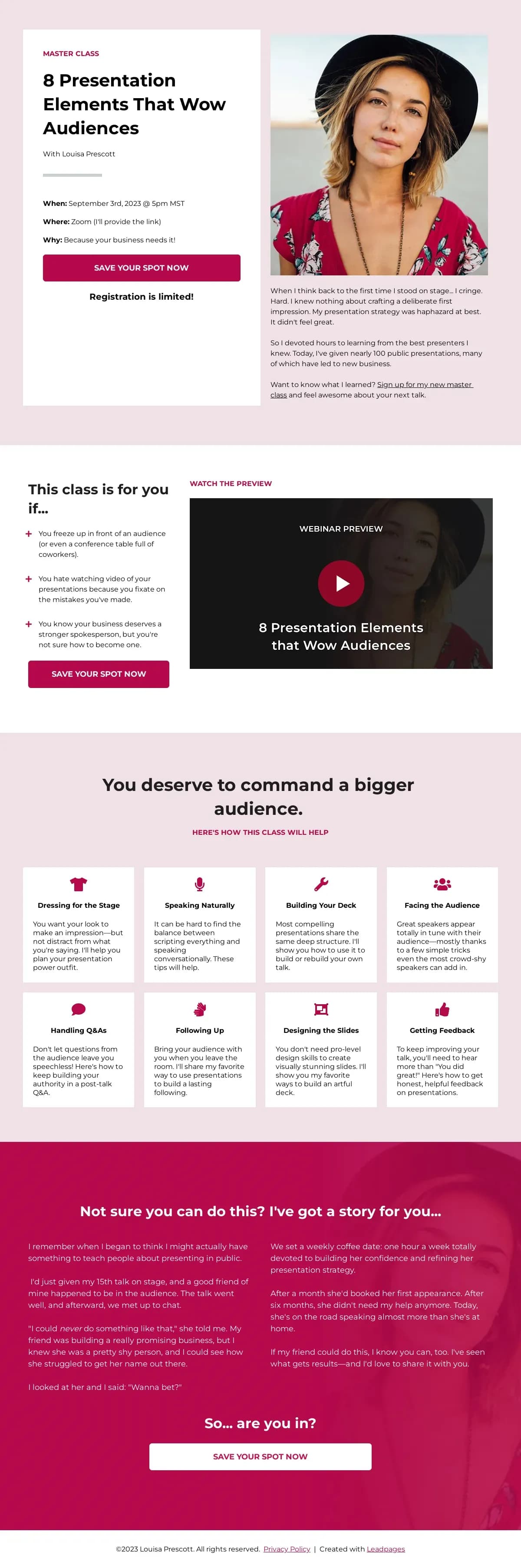 Master Class Page landing page template by Leadpages