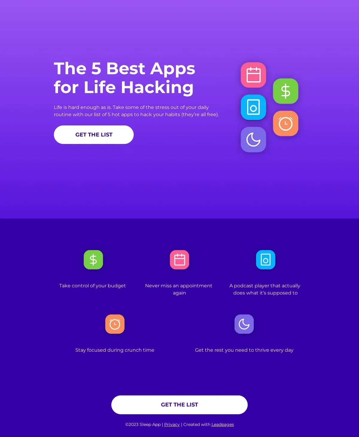 Top 5 Apps List landing page template by Leadpages