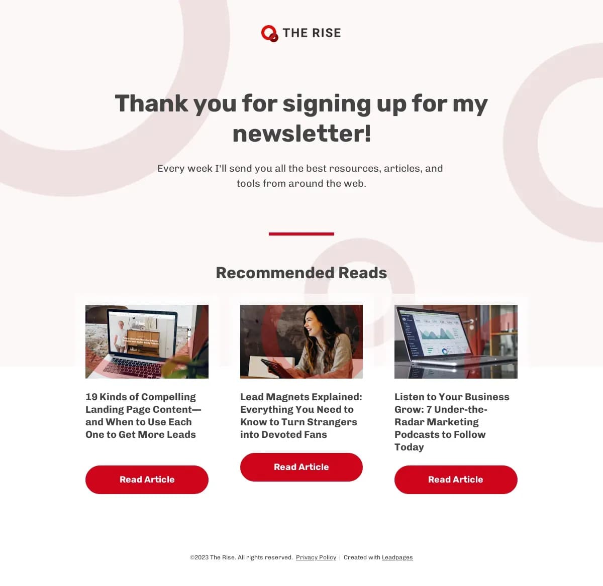 Confirmation Page with Recommended Blog Posts landing page template by Leadpages