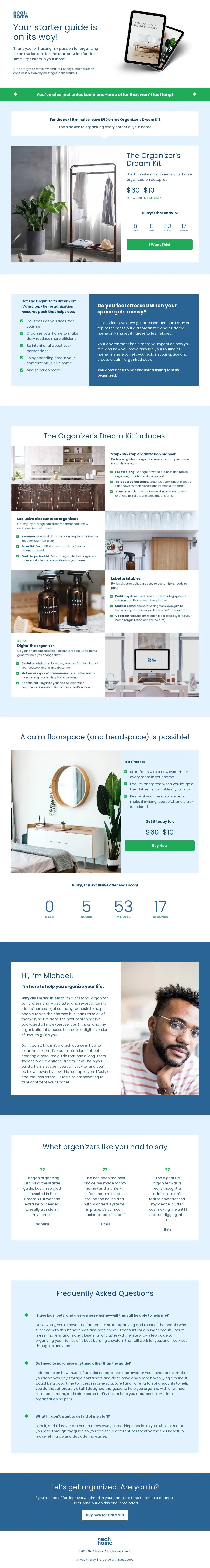 Tripwire Offer - Professional Organizer landing page template by Leadpages