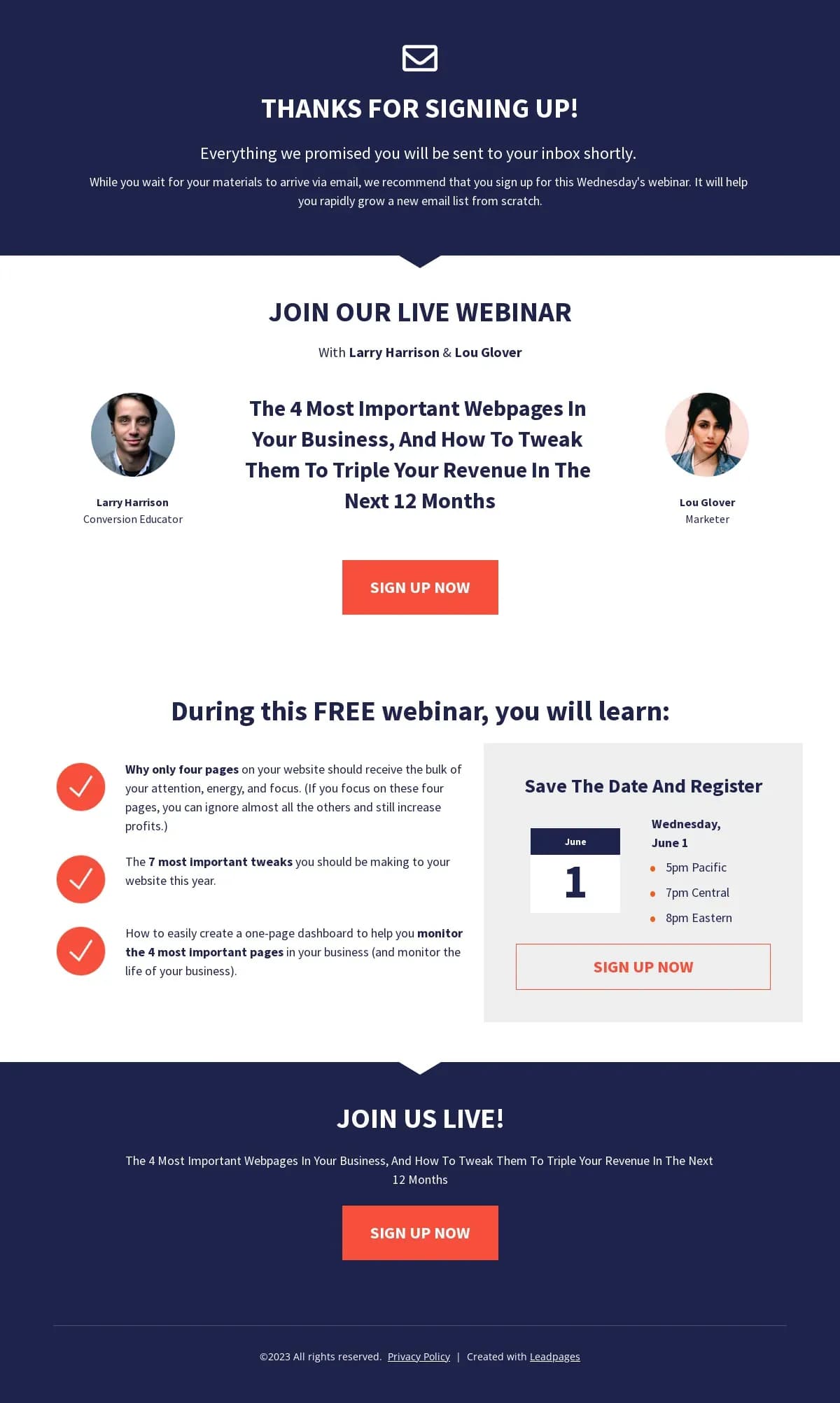 Thank You/Webinar Page  landing page template by Leadpages