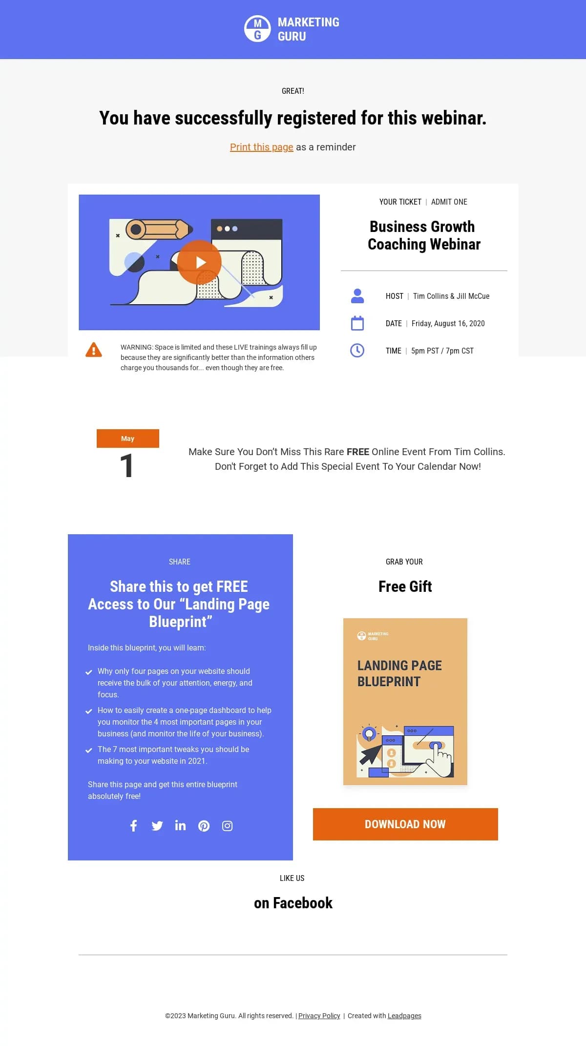 Webinar Thank You Page  landing page template by Leadpages