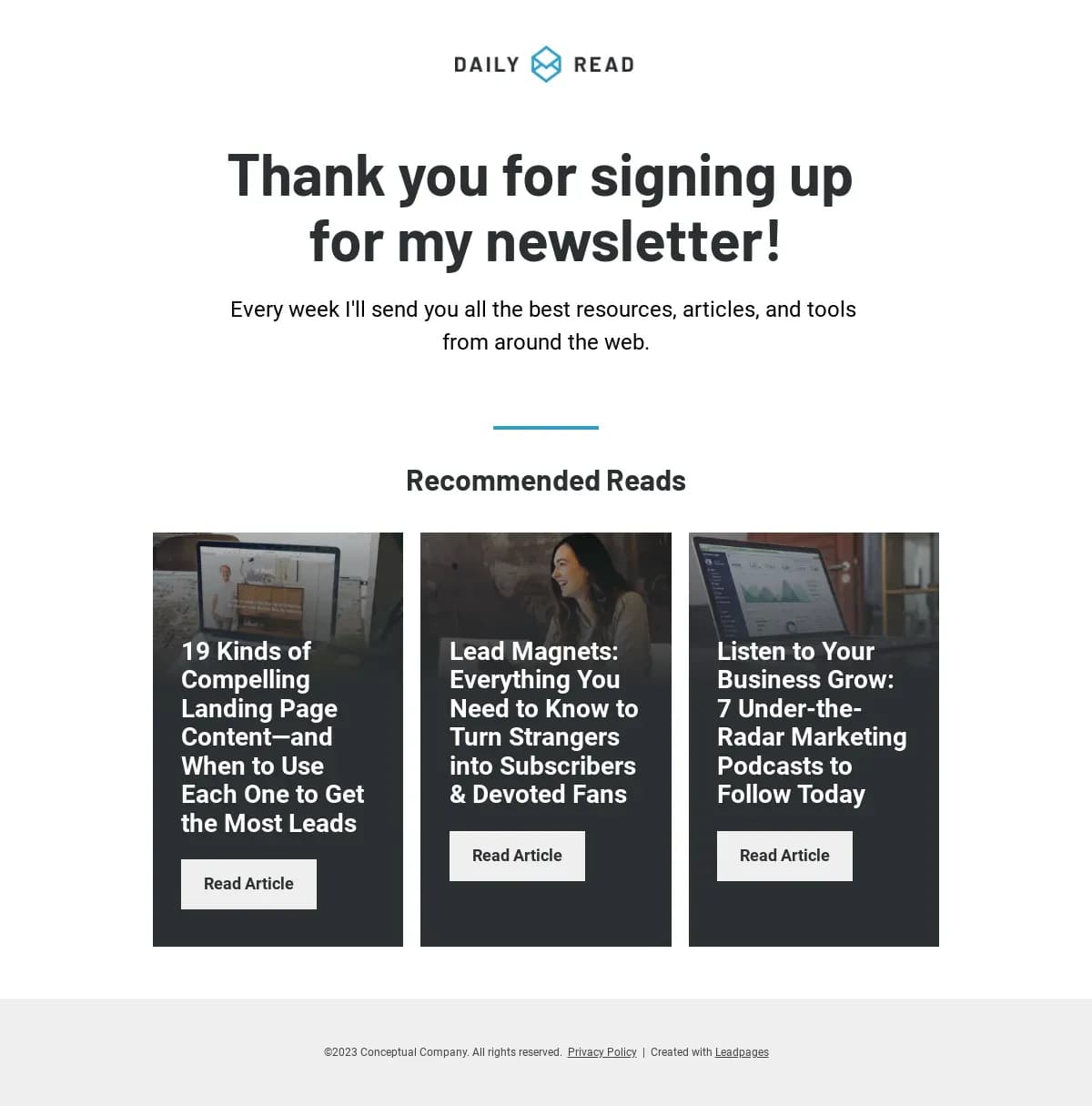 Thank You With Recommended Reads landing page template by Leadpages