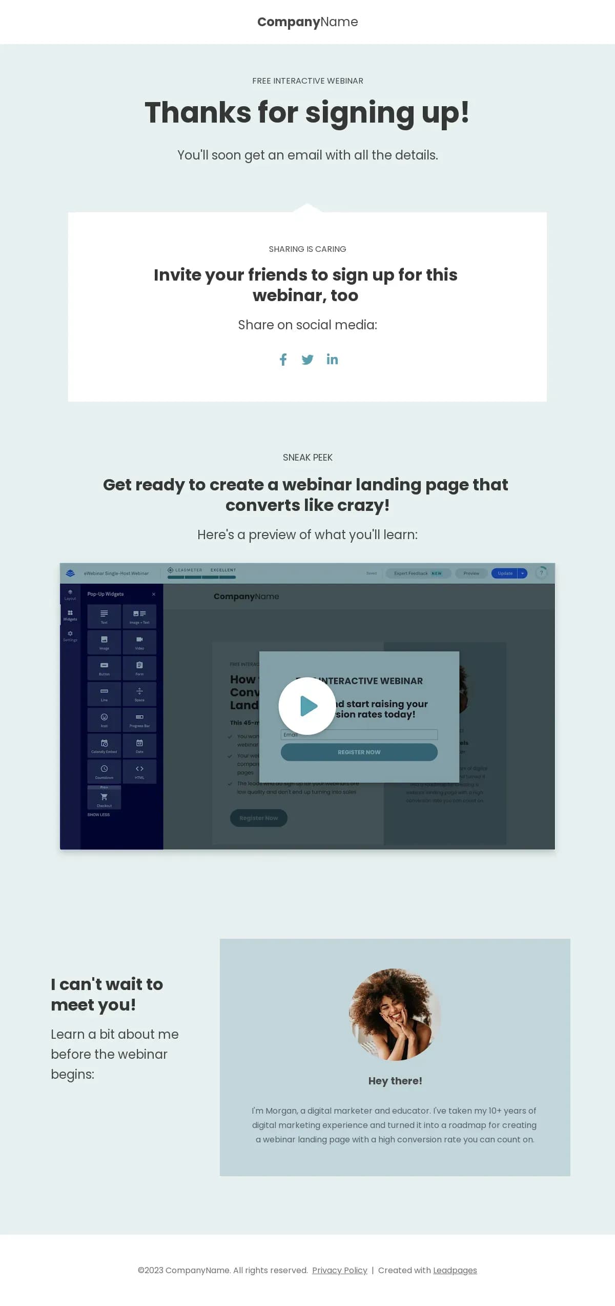 eWebinar Registration Confirmation Page landing page template by Leadpages