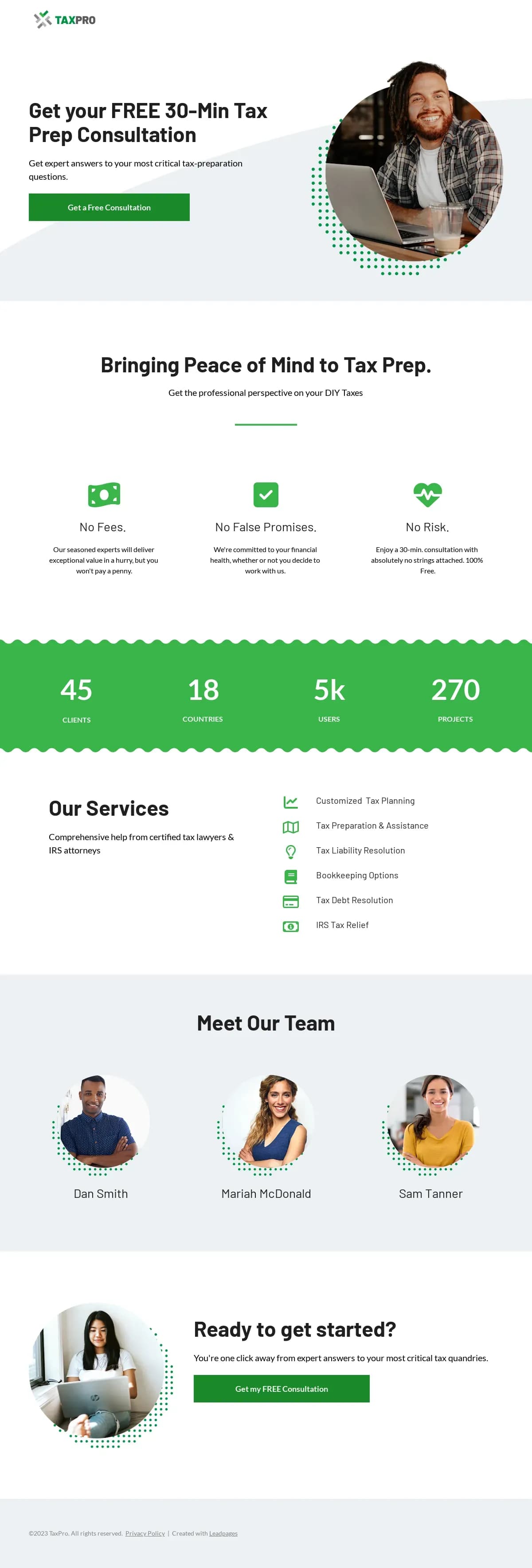 Finance Free Consultation landing page template by Leadpages