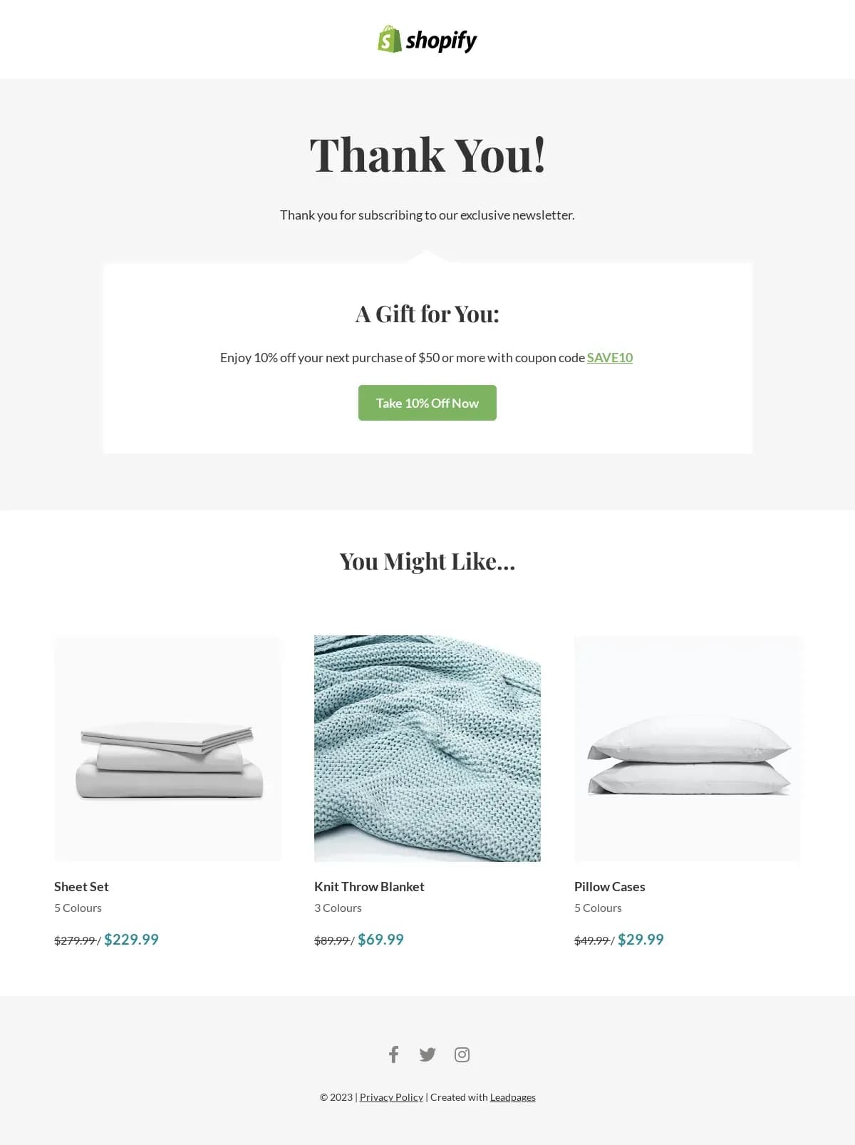 Shopify Thank You Page  landing page template by Leadpages