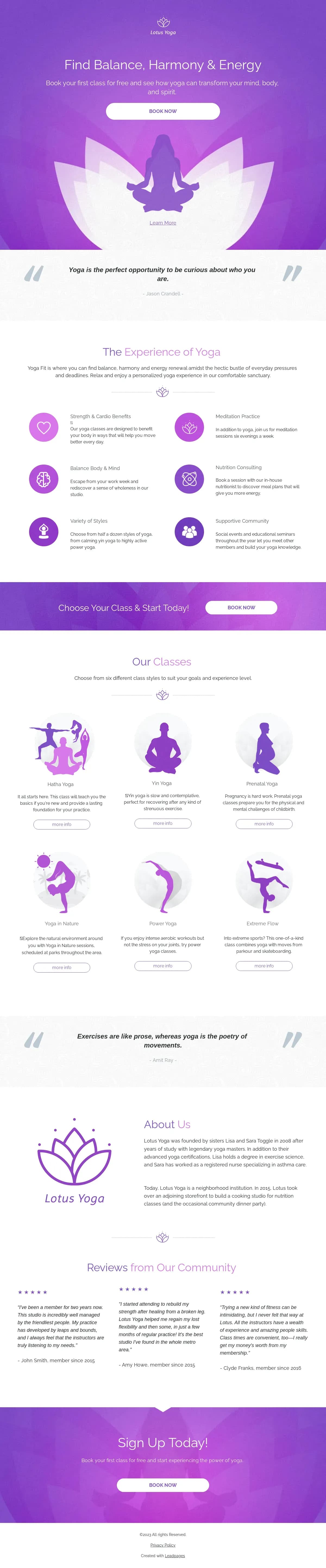 Yoga Class Signup Page landing page template by Leadpages