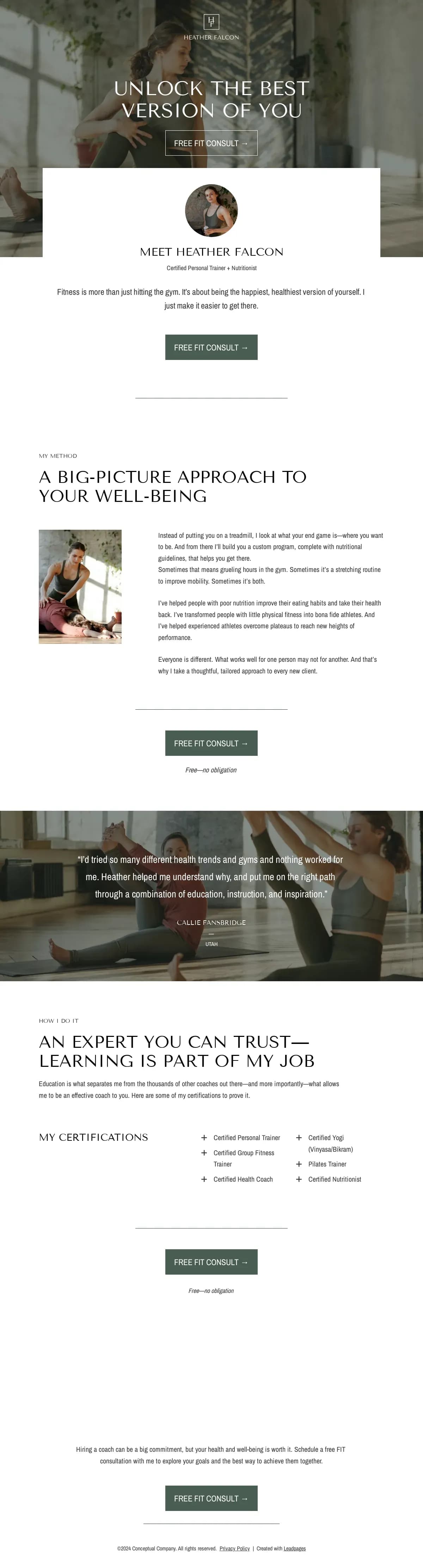 Fitness + Wellness Coach Consult with Bio landing page template by Leadpages