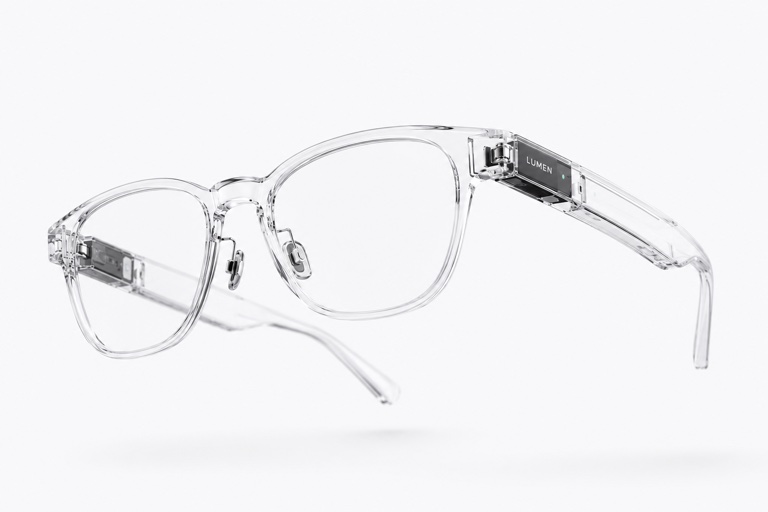 Lumen smart glasses, three-quarter view