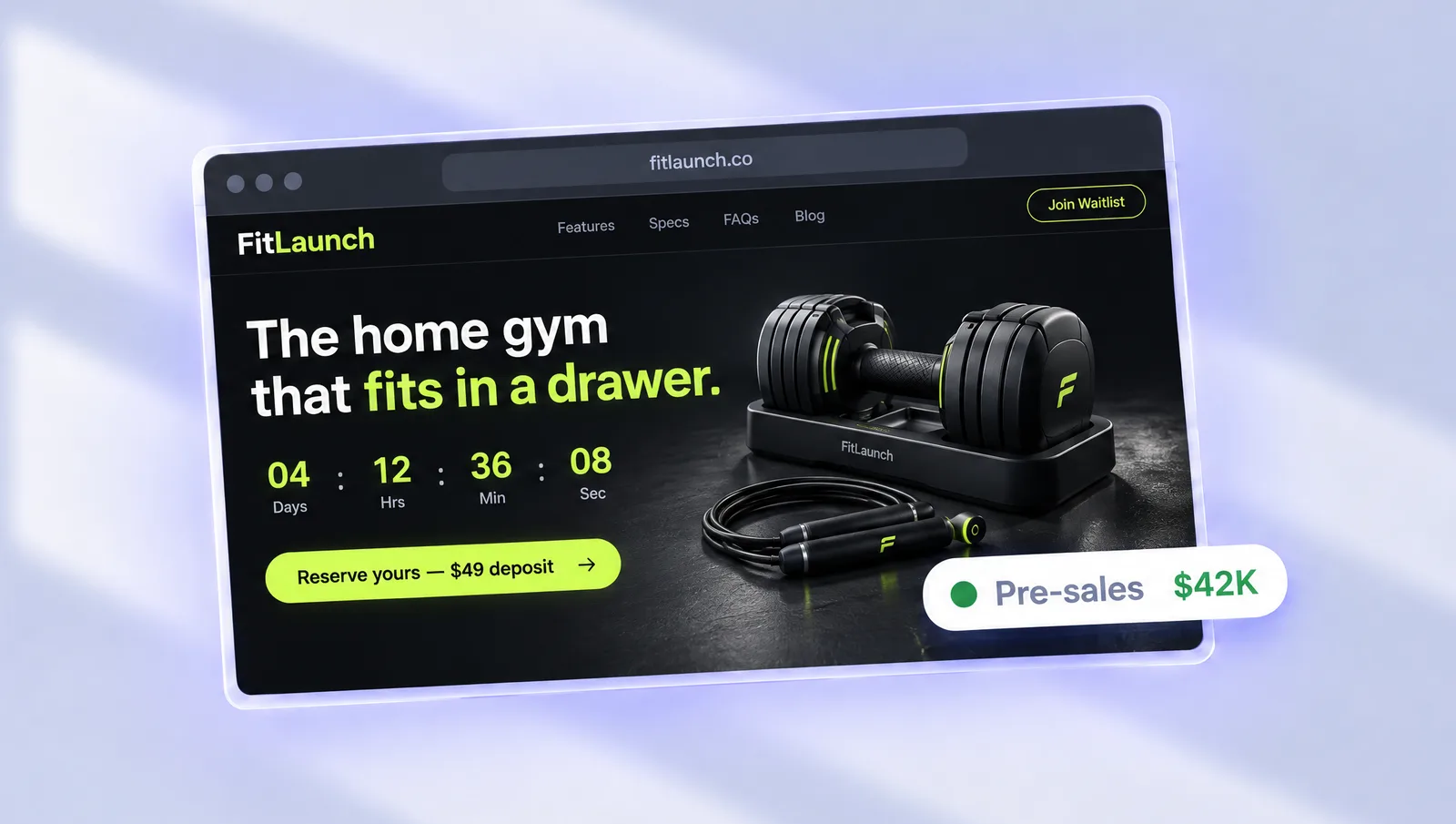 FitLaunch's pre-launch waitlist page with a countdown timer, with $42K in pre-sales