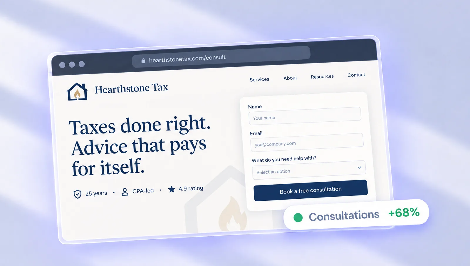 Hearthstone Tax's consultation booking page, with 68% more consultations
