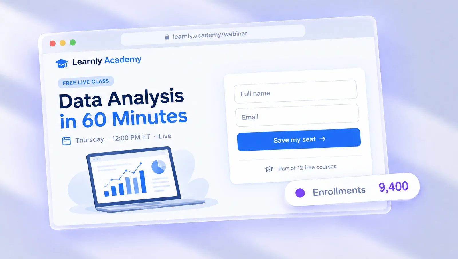 Learnly Academy's webinar registration page, with 9,400 enrollments