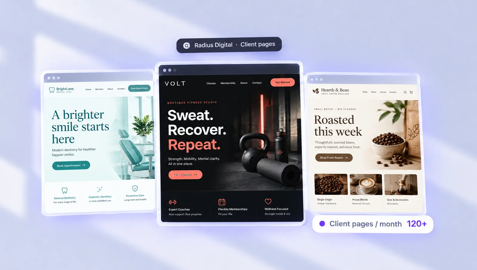 Three client landing pages built by Radius Digital, who ship 120+ client pages a month