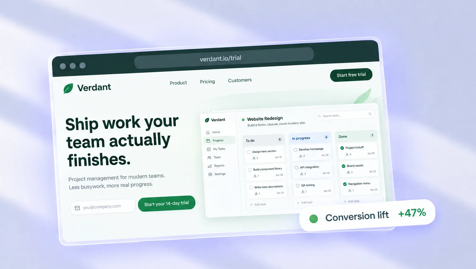 Verdant's free-trial landing page, with a 47% conversion lift