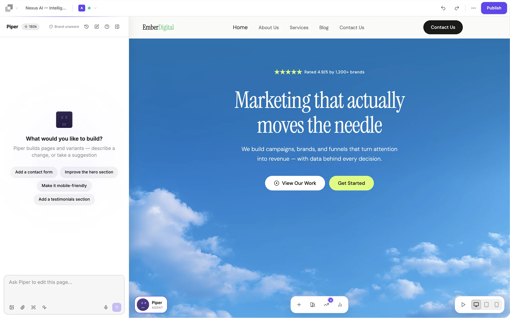 The Leadpages builder: Piper, the AI agent, beside a landing page it built, with the editing and publishing controls