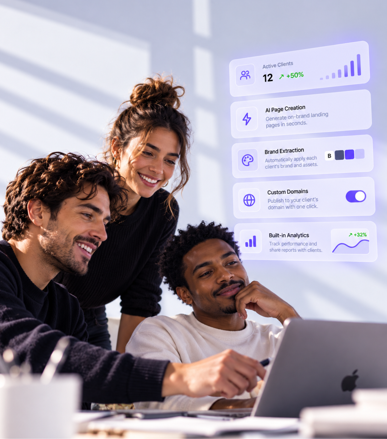 An agency team reviewing a client page together, alongside the panel Leadpages gives them: active clients, AI page creation, brand extraction, custom domains and built-in analytics