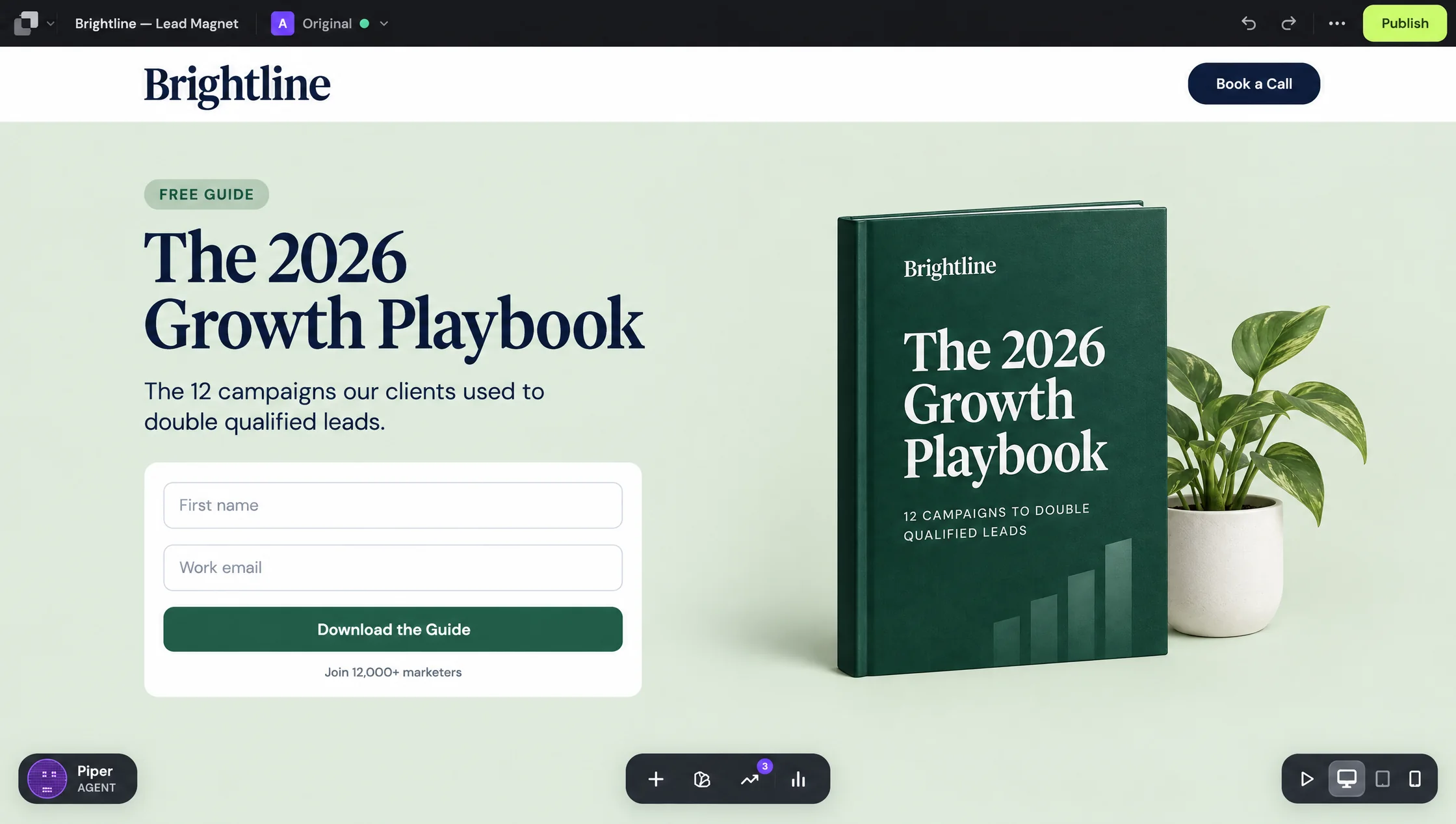 The Leadpages editor with a B2B lead magnet page offering a free growth playbook in exchange for a work email