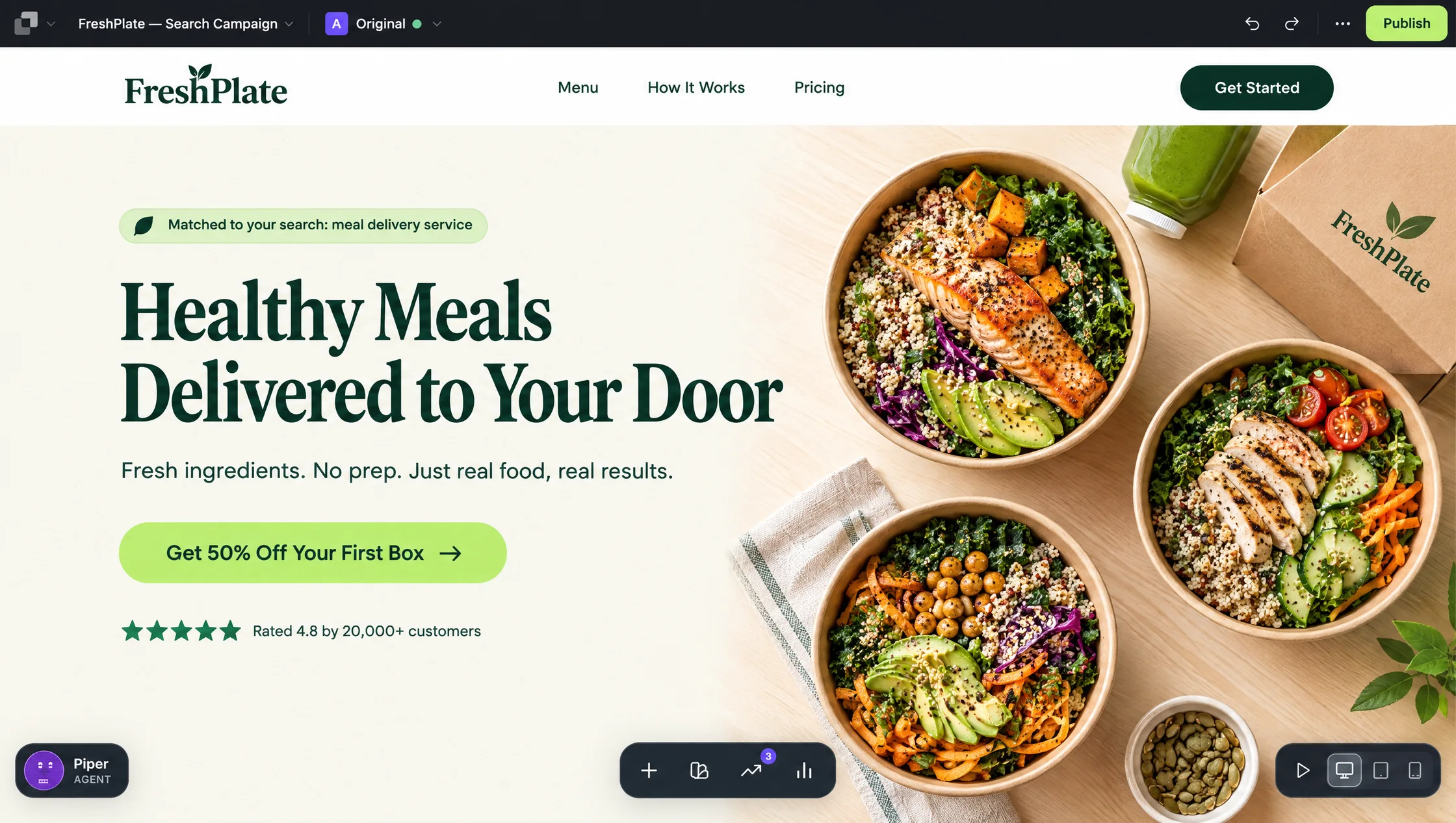The Leadpages editor with a meal-delivery landing page whose headline matches the Google search that brought the visitor