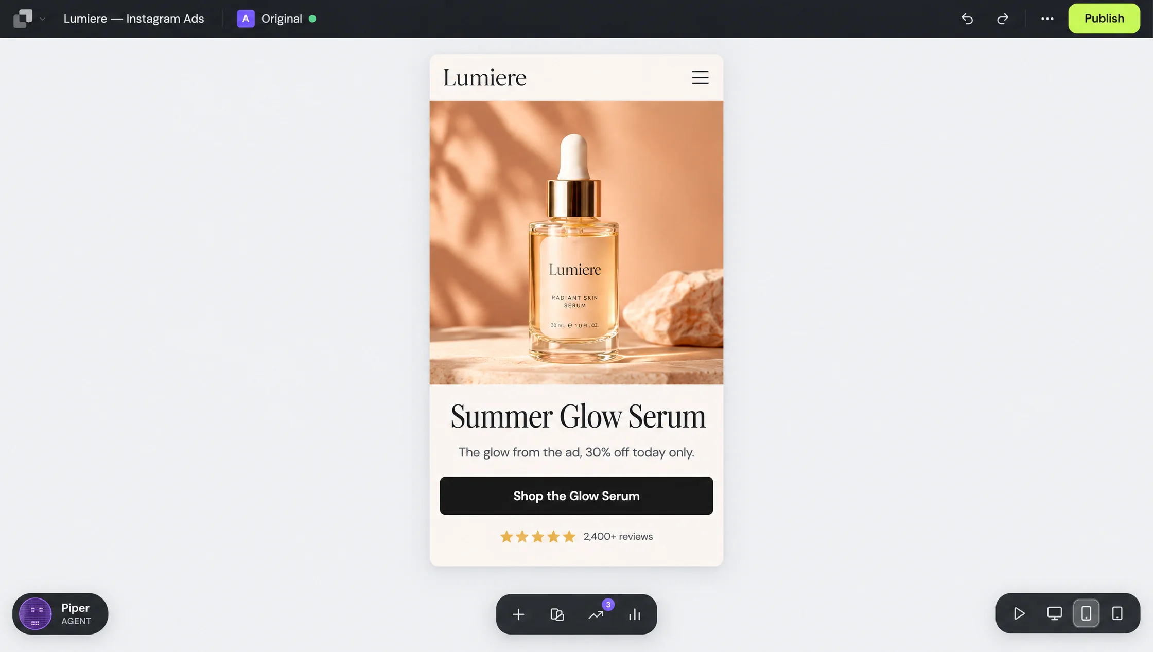 The Leadpages editor previewing a skincare brand's mobile landing page that continues the Instagram ad's Summer Glow Serum offer