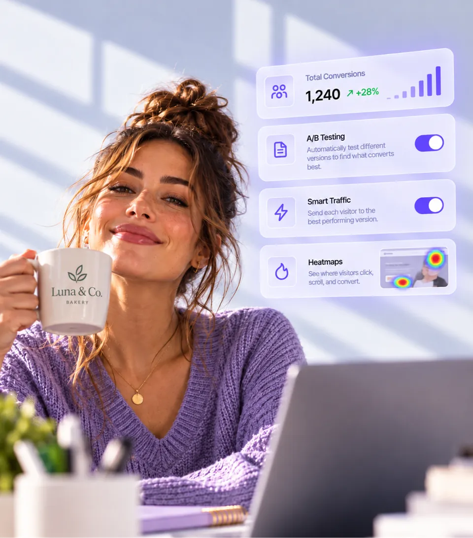 A solo marketer holding a Luna & Co. mug, with A/B test cards floating beside her