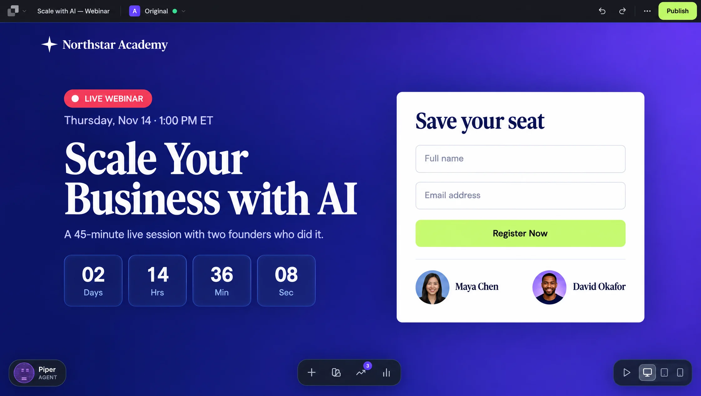 The Leadpages editor with a live webinar registration page, its countdown timer and a save-your-seat form