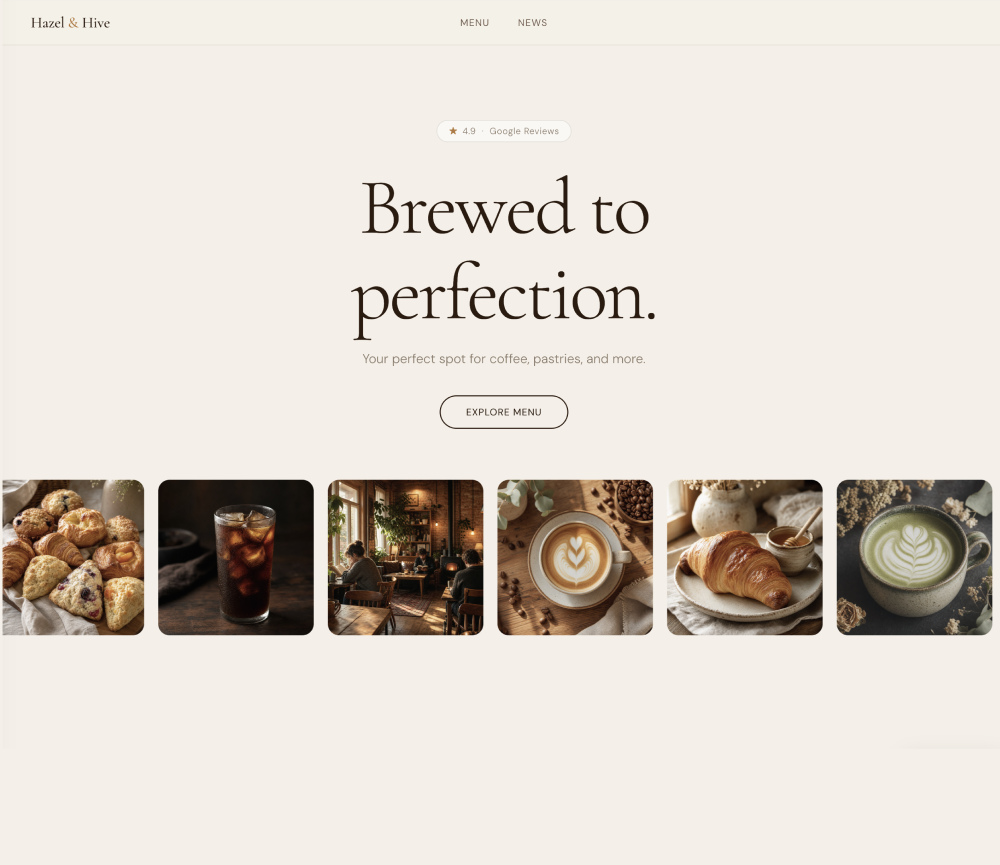 A generated landing page for a coffee shop