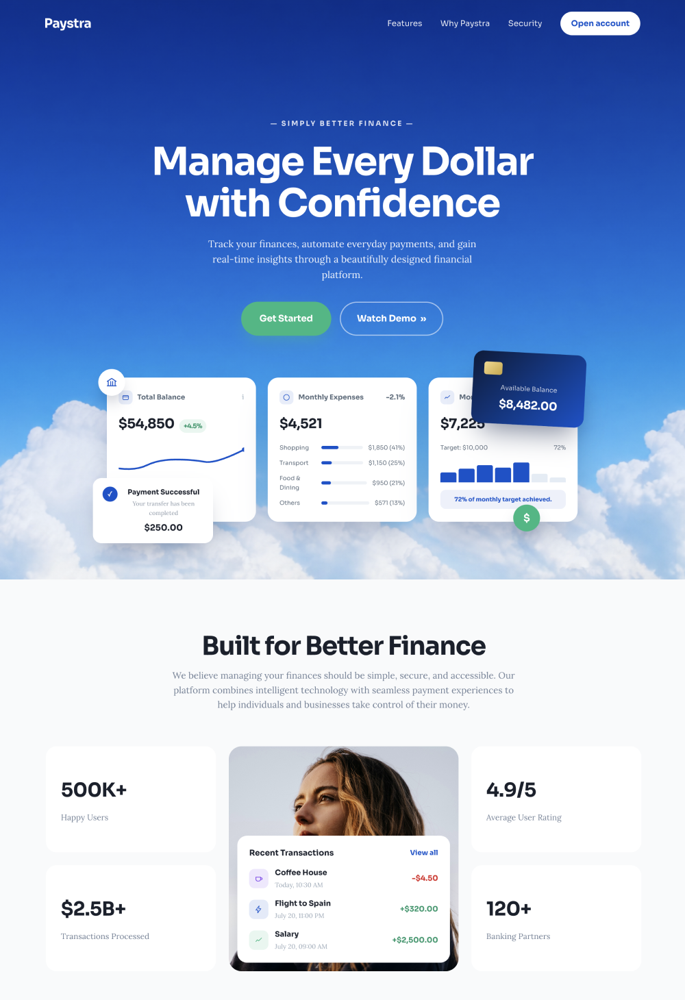A generated landing page for a personal finance platform