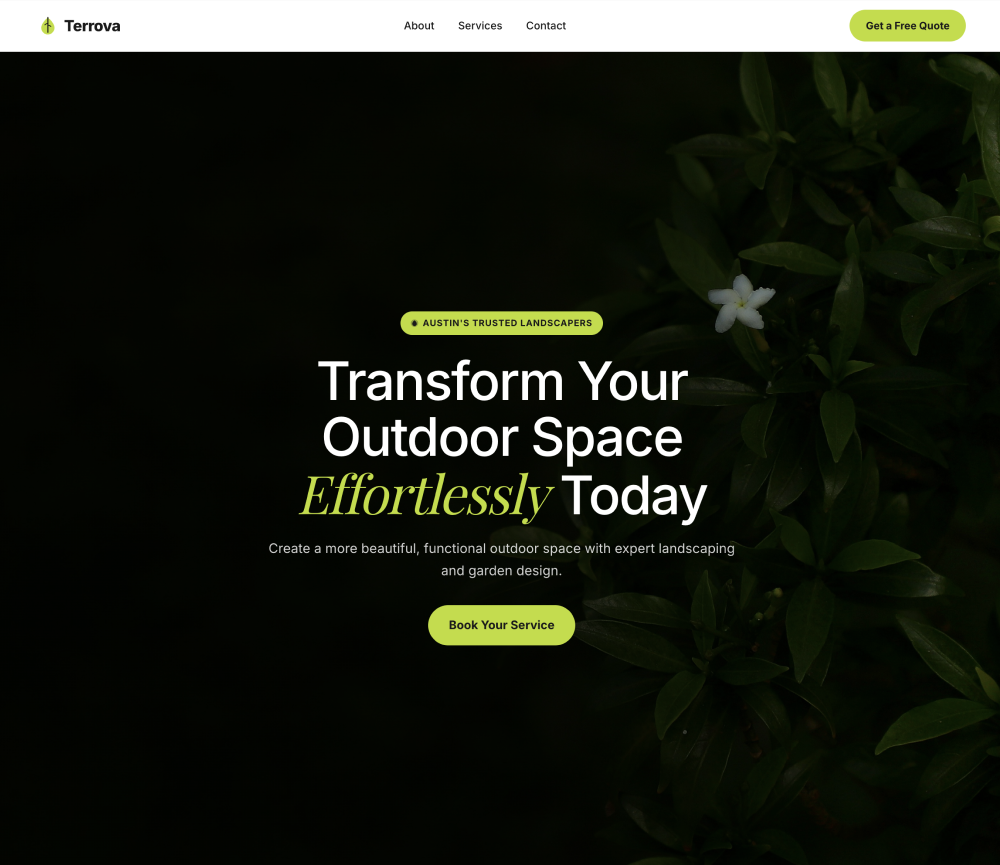 A generated landing page for a landscaping company